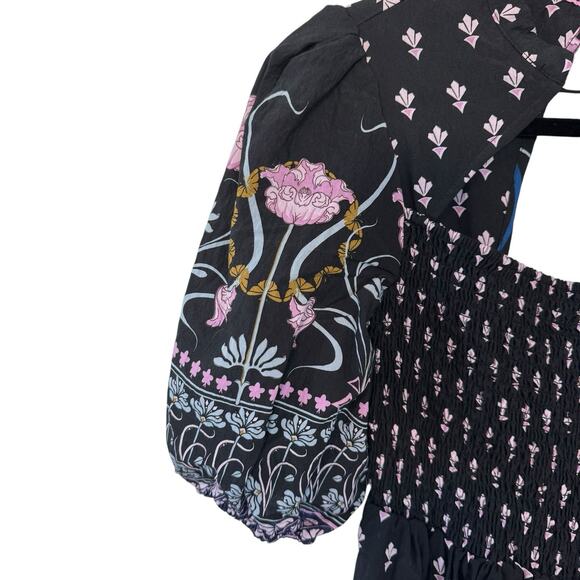 NEW Anthropologie Smocked Black Floral Midi Dress Short Sleeve Size Small $180 - Picture 9 of 14